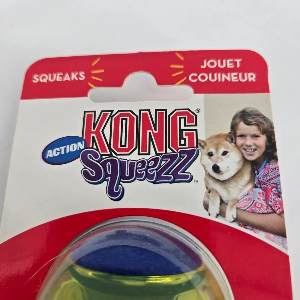 KONG Squeezz Action Ball Dog Toy 3-Pack Blue Yellow Small Squeaky Fetch PSA31